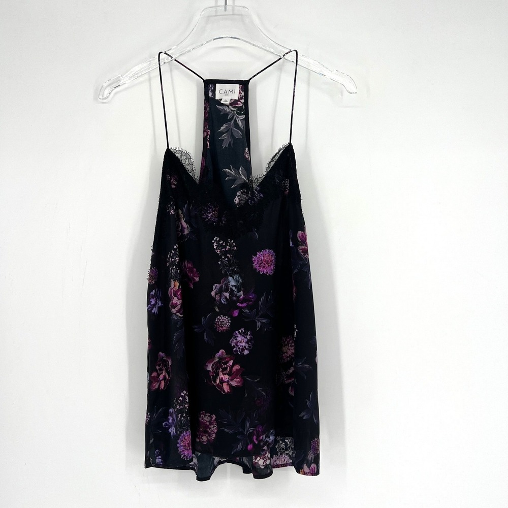 Cami NYC Tank Top Womens L‎ Black Purple Floral Silk Lace Romantic Day to Night